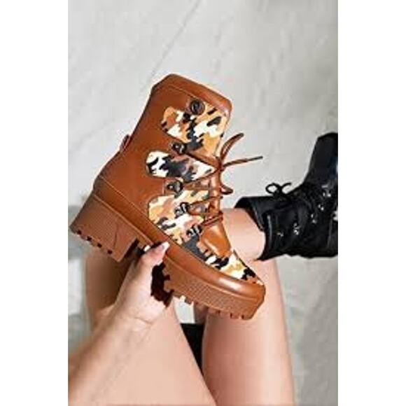 CAPE ROBBIN WOMEN'S NUNCA ROUND TOE LUG PLATFORM COMBAT BOOTS CAMO BROWN 10 - Picture 5 of 14